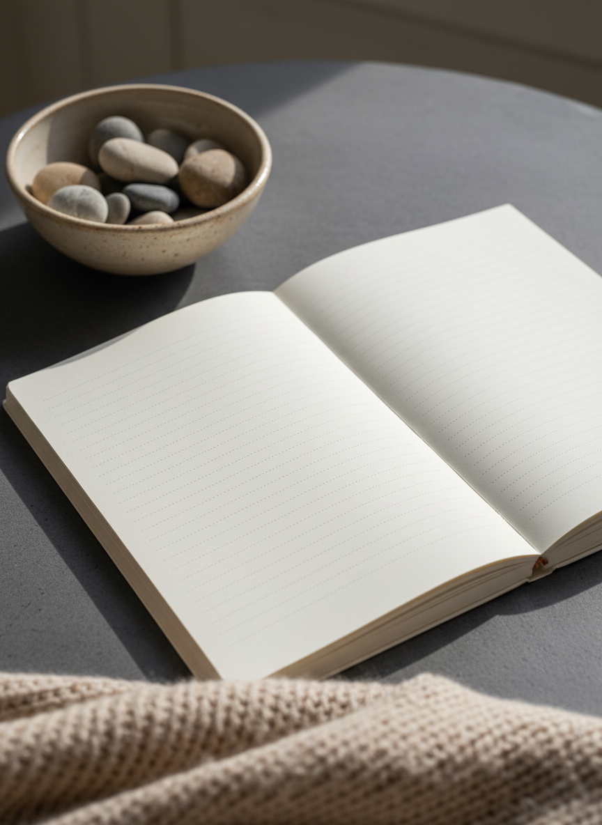 An open, cream-colored workbook with delicately printed, minimalist dotted lines on premium matte paper, resting on a smooth slate-gray table. Nearby, a hand-thrown ceramic bowl filled with polished river stones adds organic contrast, while a soft cashmere throw drapes over the edge of the frame. Muted natural daylight enters from the side, and subtle gradients play across the surface of the workbook pages, creating a serene and inviting workspace. Captured at an eye-level composition with a shallow depth of field to focus on the inviting blank page, the overall atmosphere is gentle and peaceful, reinforcing the concept of finding clarity without pressure. The image is rendered in photographic realism with refined, elegant details and a calm, minimalist aesthetic.